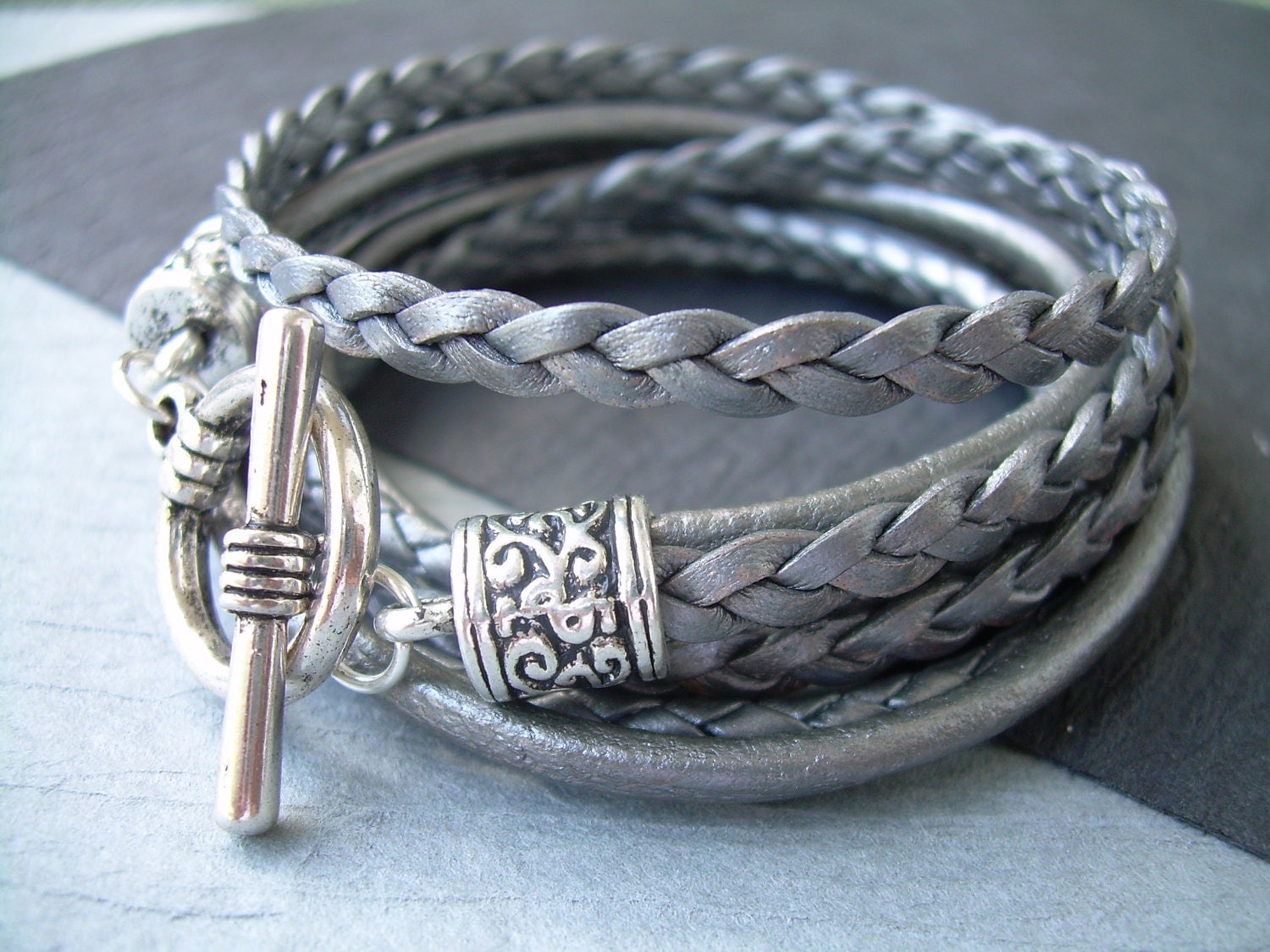 Womens Leather Bracelet Metallic GraySilver Triple Wrap