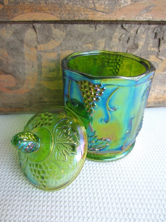 Vintage Green Carnival Glass Canister Jar with Lid Harvest
