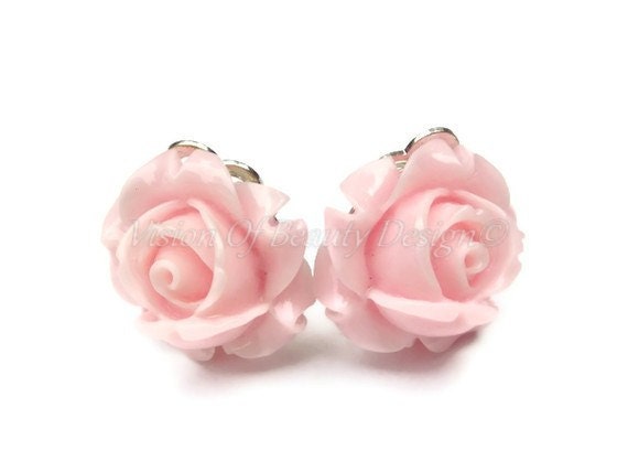 Pink Rose Spring Flower Clip On Earrings