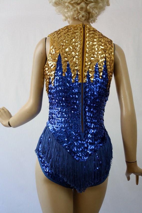 Vintage 70s Majorette Uniform Sexy Blue & Gold Sequin Knit