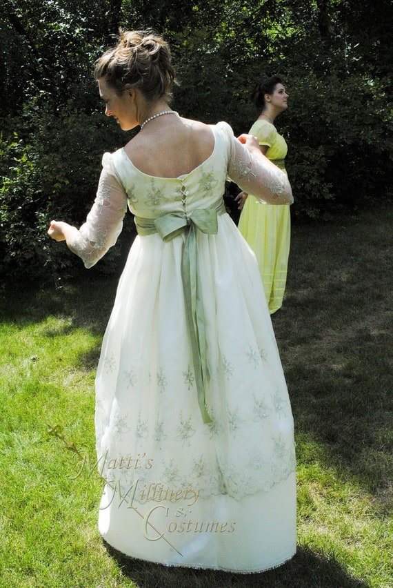 Sage Ivory Regency Edwardian Jane  Austen  Ball gown  Empire 