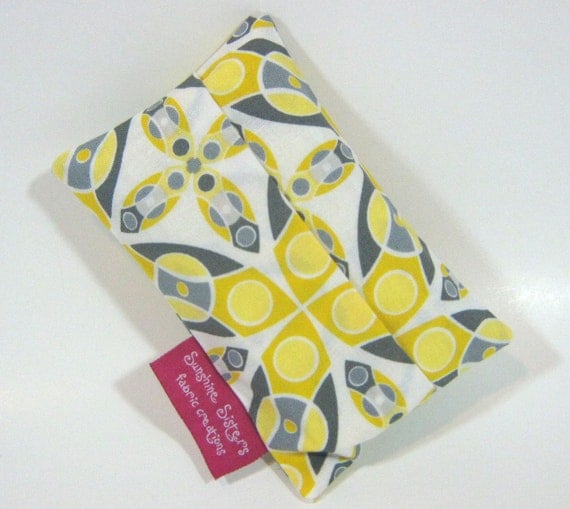 Tissue Pouch- Travel Tissue Case using Silent Cinema Iris Yellow fabric- Gray, Ivory, and Yellow Abstract