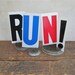 run exclamation point vintage sign letters, marathon, running, exercise, vintage banner,