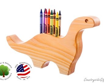 Crayon Holder - Wooden Dinosaur Crayon Holder - Handcrafted Natural and Organic Wood Crayon Holder - Wooden Crayon Holder for 8 Crayons