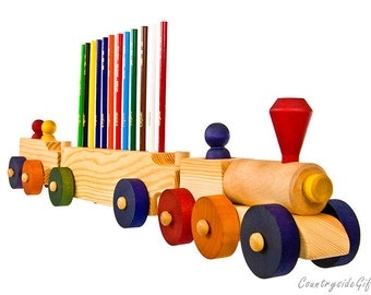 Pencil Holder - Wooden Train Pencil Holder 3 Car - Handcrafted Natural Organic Wooden Pencil Holder - Wooden Train Pencil Holder 12 Pencils