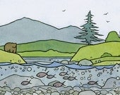 Salmon and Bear Illustration Print 5x7
