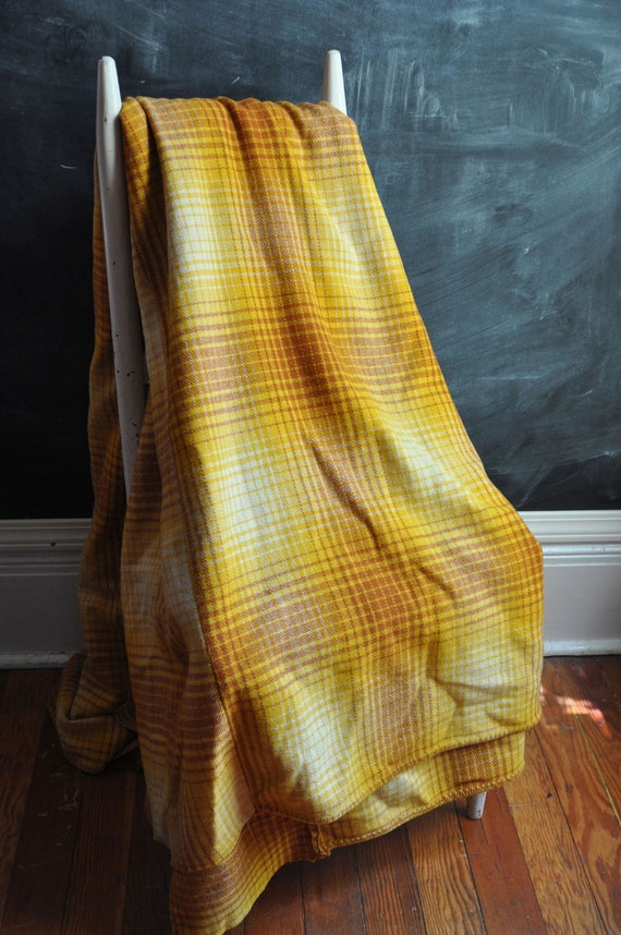 Vintage Yellow Plaid Wool Camp Blanket Bedspread