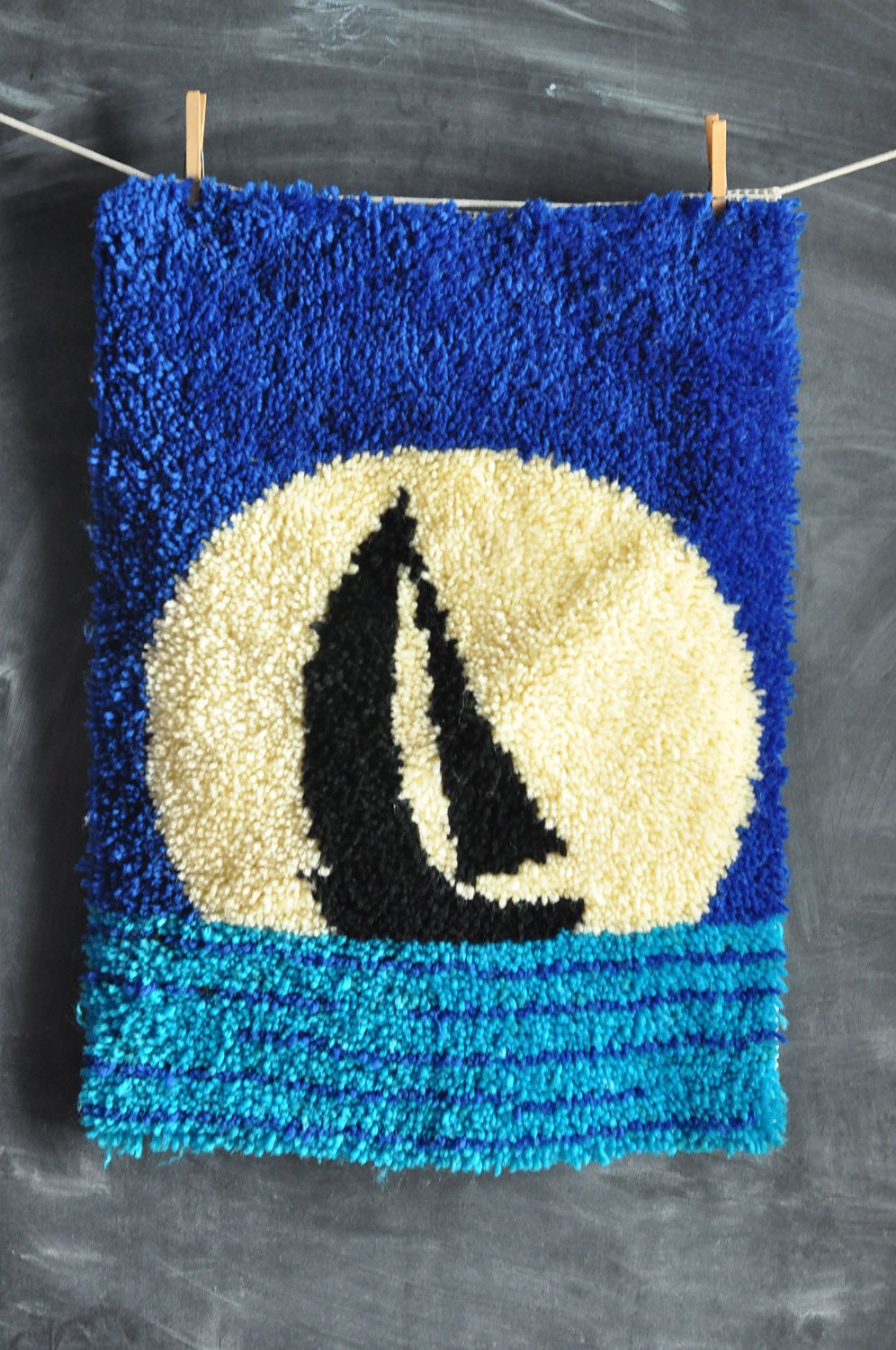 vintage handmade latch hook rug sailboat moonscape wall