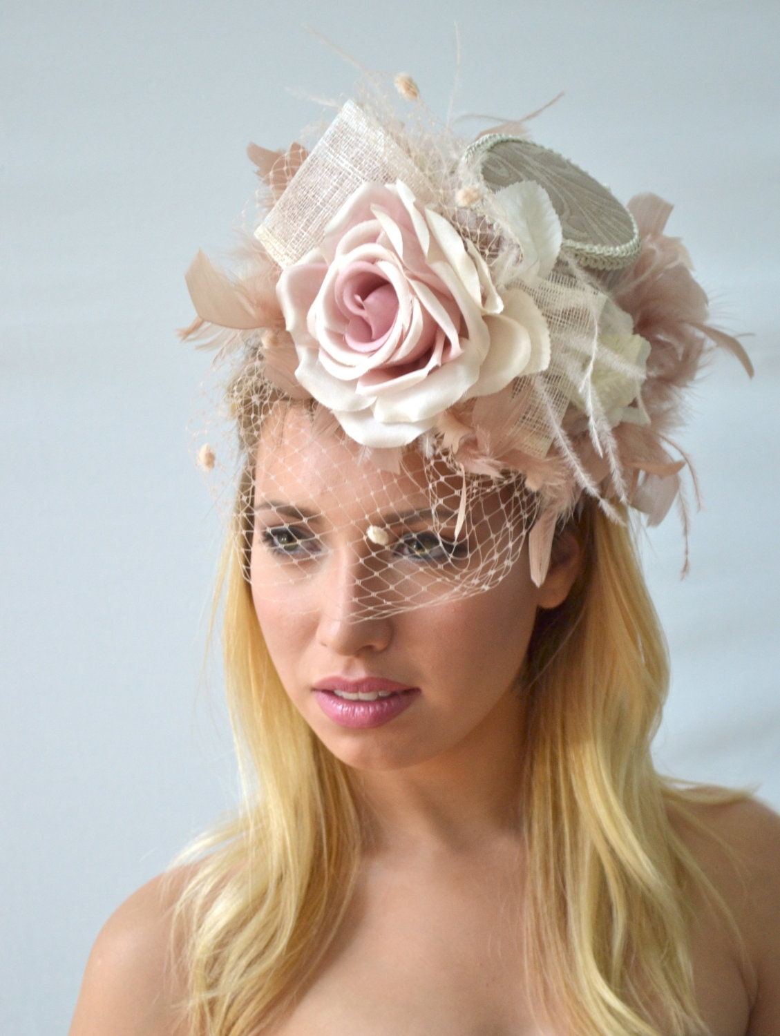 English Rose Fascinator Top Hat Dusky Pink Couture Ascot