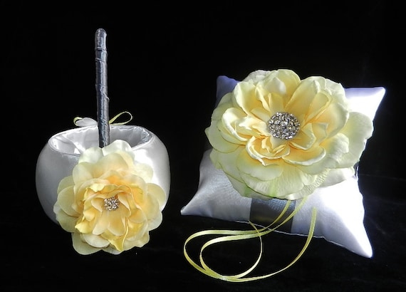 Bloom Collection Silver Yellow and White OR Ivory Wedding Set Ring Bearer Pillow and Flower Girl Basket