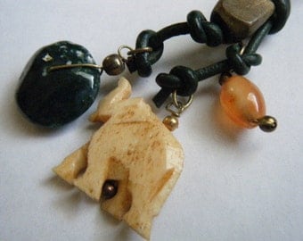 Vintage Necklace Tribal Carved Bone Elephant Stone and Wood Beads