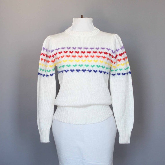 Vintage Sweater 70s 80s Rainbow Hearts Puffy Sleeve 1970s 6654