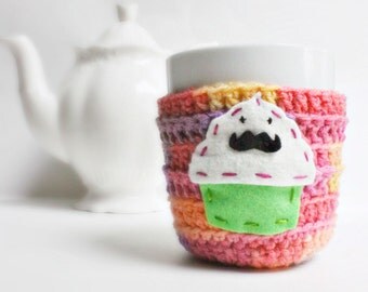 Mustache Cupcake funny coffee mug cozy handmade cover