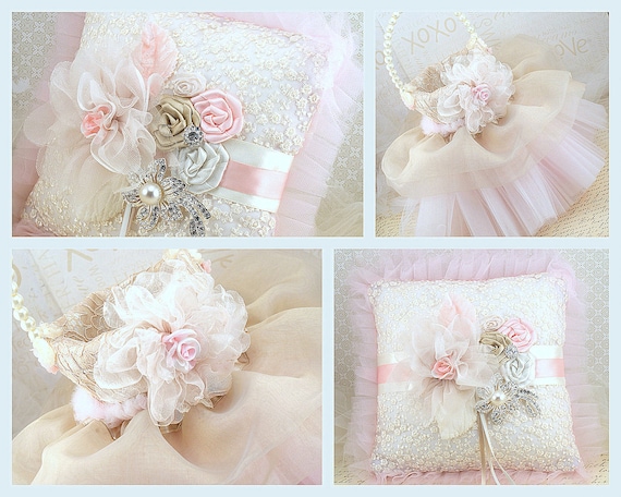 Bridal Ring Bearer Pillow and Flower Girl Basket in Blush Pink, Champagne and Ivory with Lace, Organza, Tulle and Crystal Brooch