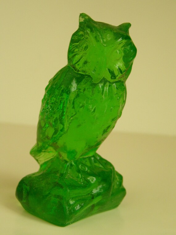 Green Vaseline Glass Owl Vintage Figurine