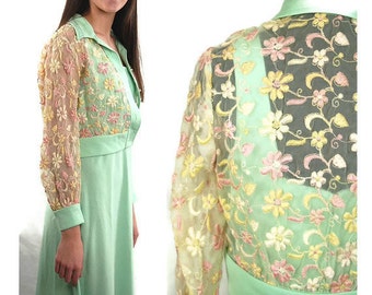 1970s maxi dress, embroidered jacket, mint green dress, sheer flowered jacket - Size M L