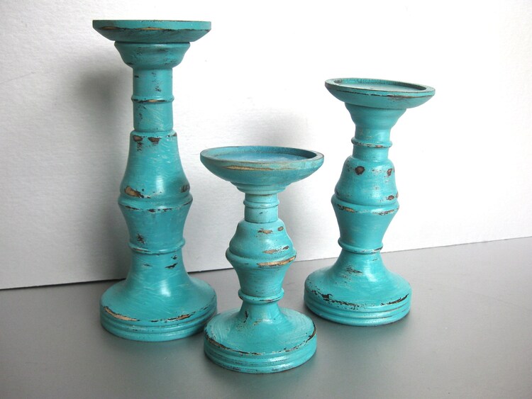 Turquoise Candle Pillars Wood Candle Holders by Swede13Cottage