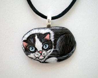 Tuxedo Cat Necklace- Hand Paint Art Pendant - miniature stone art- gift under 50 for cat lovers