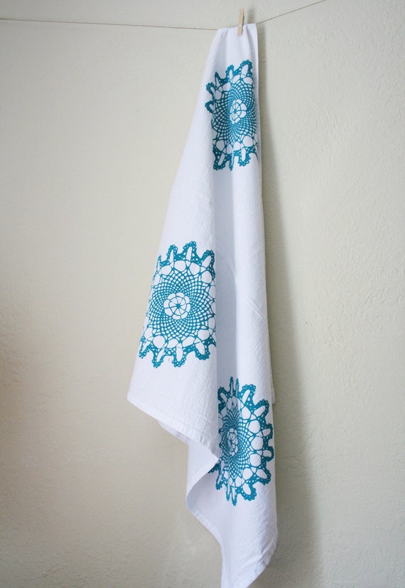 Tea Towel. Cotton Flour Sack. Turquoise Doily. by PonyAndPoppy