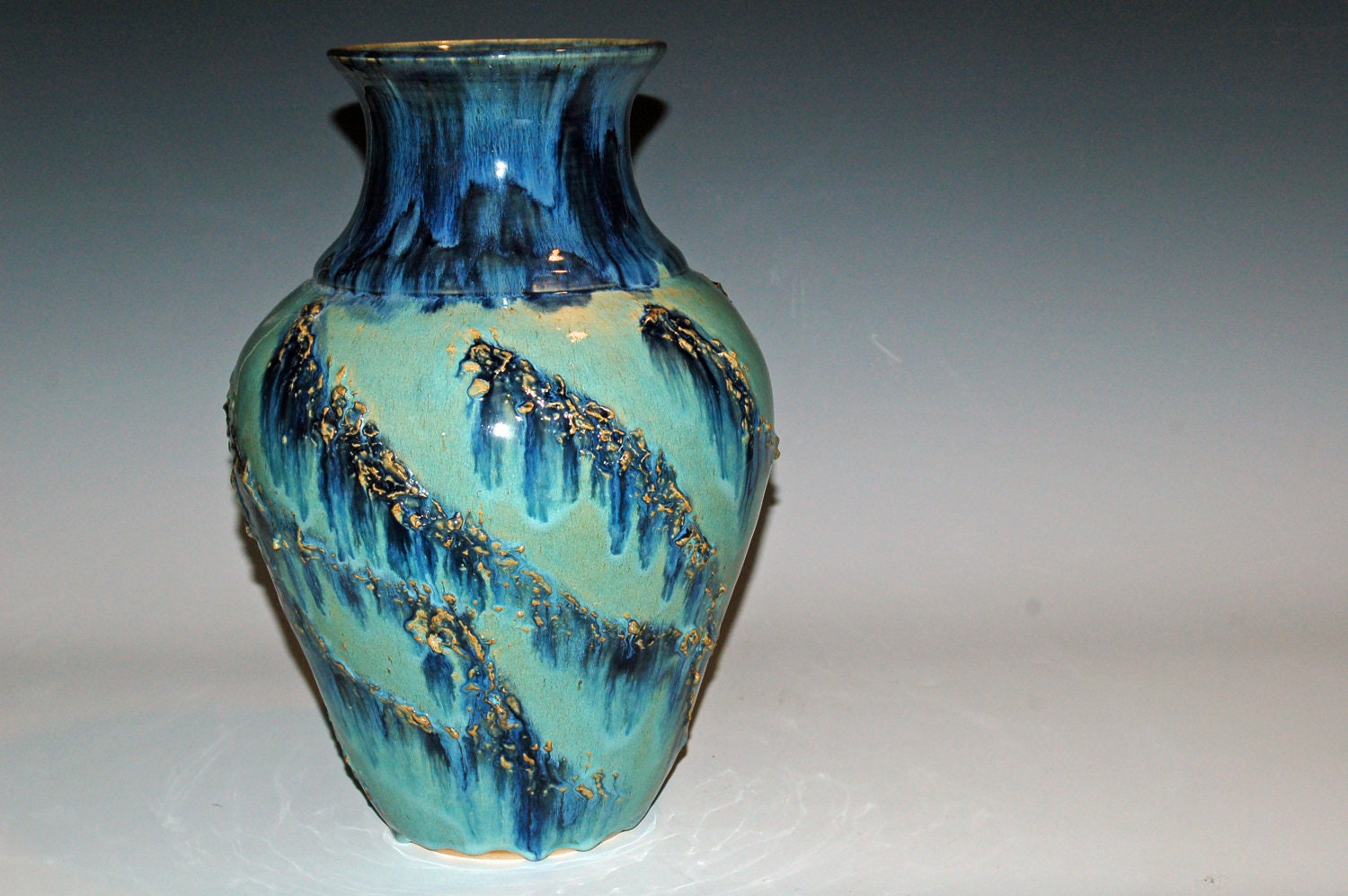 Large Pottery Vase with Blue and Green Glazes by nhfinestoneware