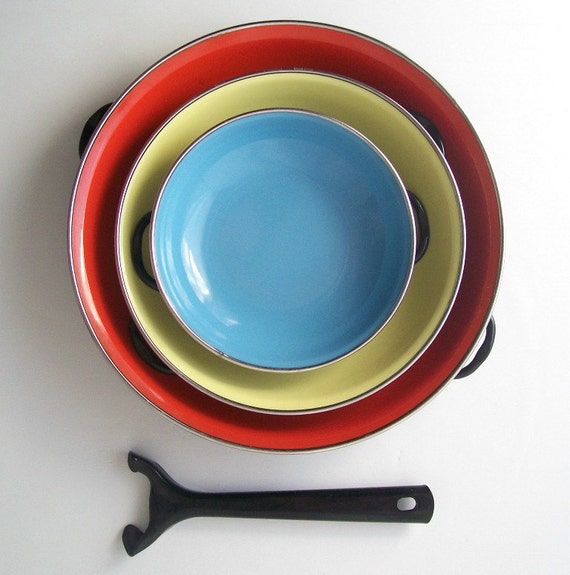 vintage yugoslavia enamel ware pans set cookware red yellow