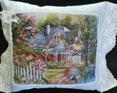 VICTORIAN PILLOW - House Scene Periwinkle Blue with White Crochet Trim Shabby Cottage Chic Cozy and Welcoming -- Free Shipping VICTORIAN PILLOW - House Scene Periwinkle Blue with White Crochet Trim Shabby Cottage Chic Cozy and Welcoming -- Free Shipping