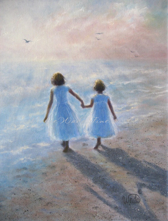 Two Beach Sisters Art Print two girls beach children ocean