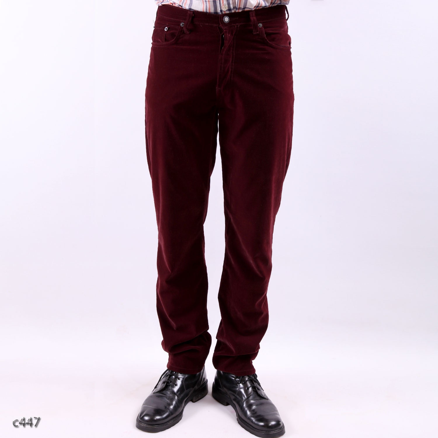 Mens Velvet Trousers / Burgundy Red Pants / S to M