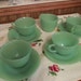 Mid Century Fire King, Jadite, Jadeite, 4 coffee cups & Saucers, 1 Creamer, Jane Ray, Ribbed