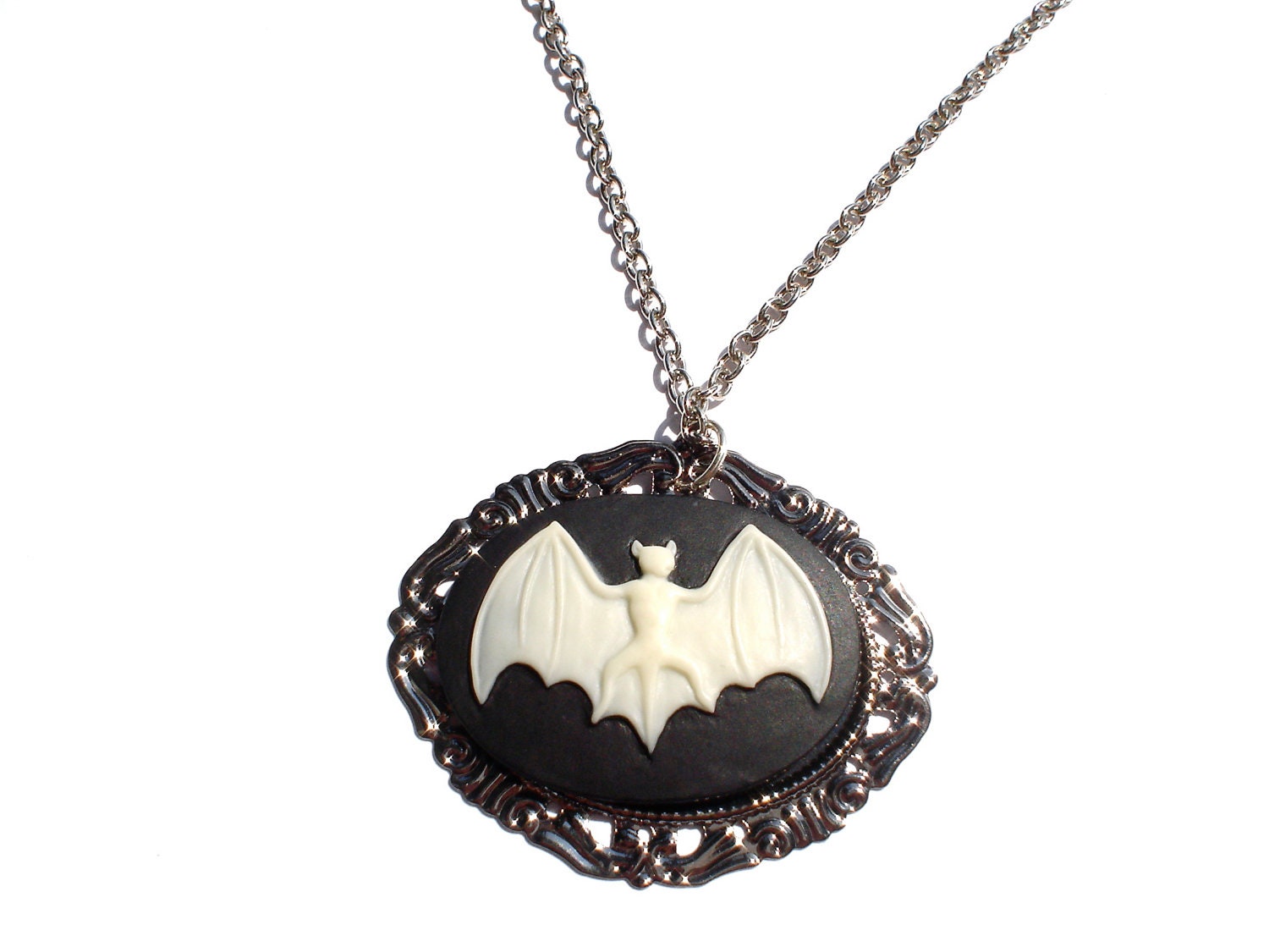 White Halloween Bat Necklace Includes Chain Pendant and Gift