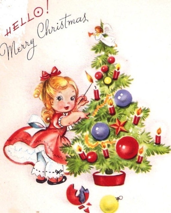 Little Girl Decorating a Tree Vintage Christmas Card