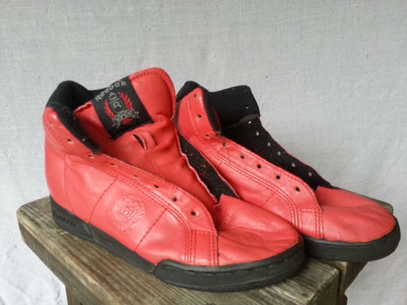 80s Red Leather Reebok Tennis Shoes High Top Sneakers Black