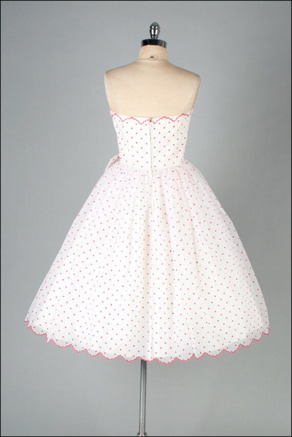 Vintage 1950s Dress . White Chiffon . Red Polka Dots . Flocked