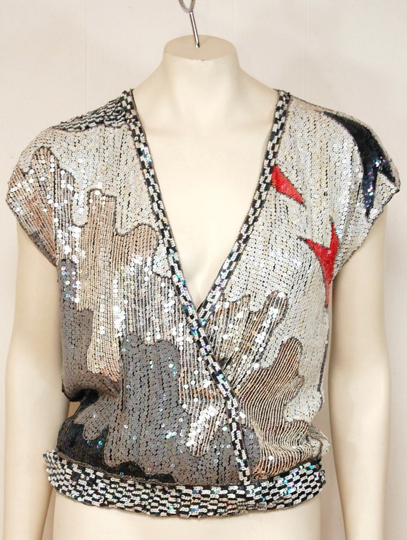 Vintage Silver Sequin Short Sleeve Blouse by VintageFashionUSA