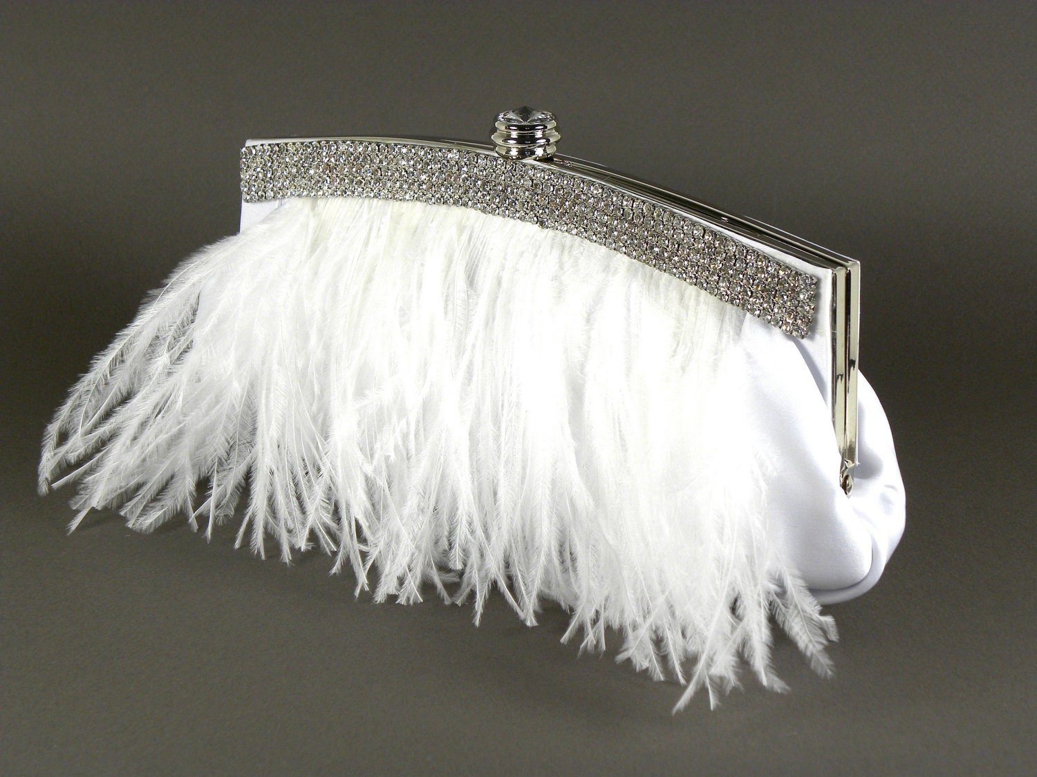 White Satin Ostrich Feather Bridal Clutch Purse with