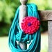 Infinity Scarf Necklace with Felt Rosette Brooch - Turquoise with Hot Pink and Purple