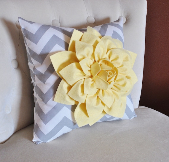 Items similar to Decorative Pillow- Light Yellow Dahlia on Gray and White Zigzag Pillow -Chevron ...