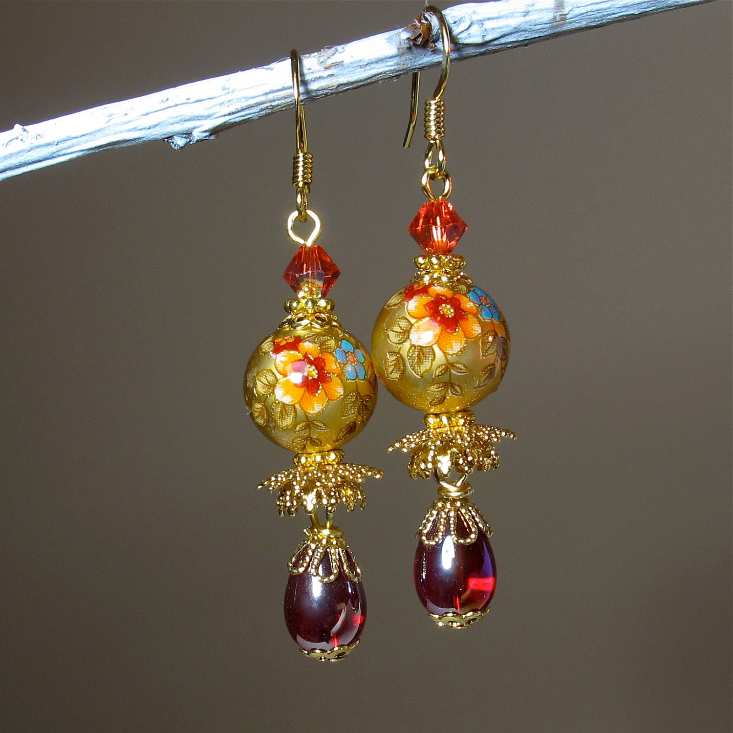 Fiery Gold Red Earrings Floral Earrings by BluKatDesign on Etsy