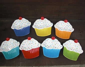 Bright Cupcake Ceramic Dessert Plate or Trinket Dish - Polka Dot Sprinkles - Bright Aqua