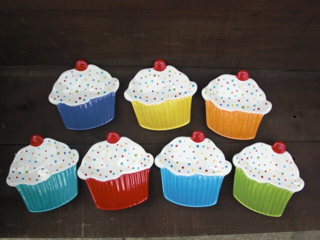 Bright Cupcake Ceramic Dessert Plate or Trinket Dish Polka