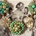 Mixed Green Pearl & Gold Rhinestone Bridesmaids Bracelet, OOAK Vintage Heirloom Cluster Earring Bracelet, Bridesmaids Gift
