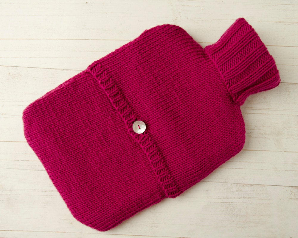 Knitted Hot water Bottle Cover in Merino Wool Hearts Pink Aran