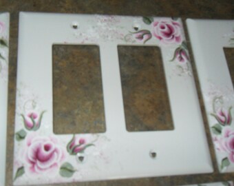 Shabby Cottage Chic Hand Painted Pink Rose Double Rocker Light Switch Cover New