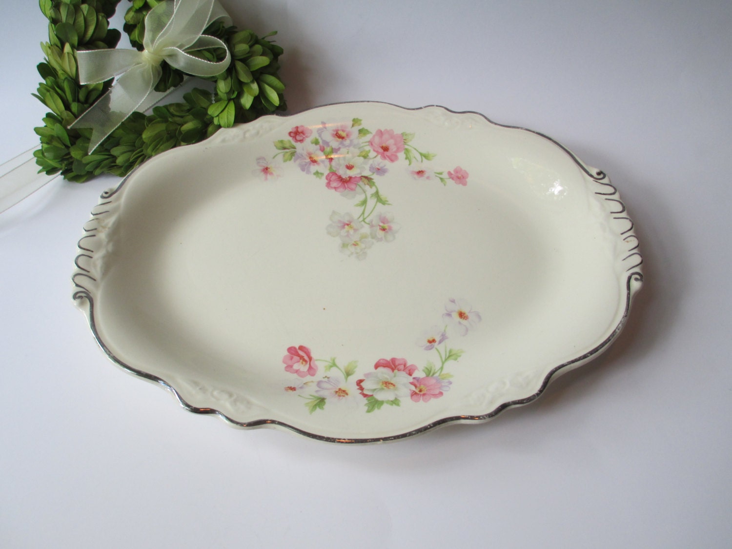 Vintage Homer Laughlin Pink Floral Serving Platter Cottage