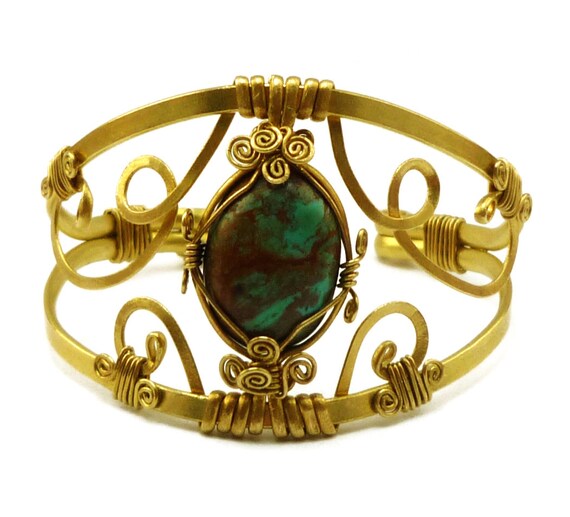 Brass Wire Wrap Bracelet with Vintage Turquoise stone