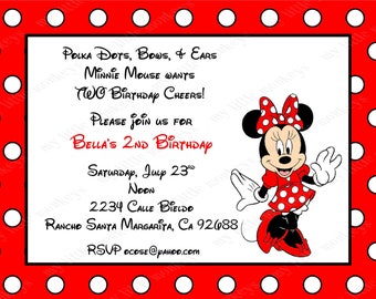 10 Red Minnie Mouse Invitations with Envelopes. Free Return Address Labels