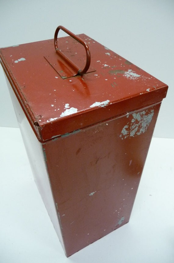 Vintage Paint brush Box Red chippy metal keeper Industrial