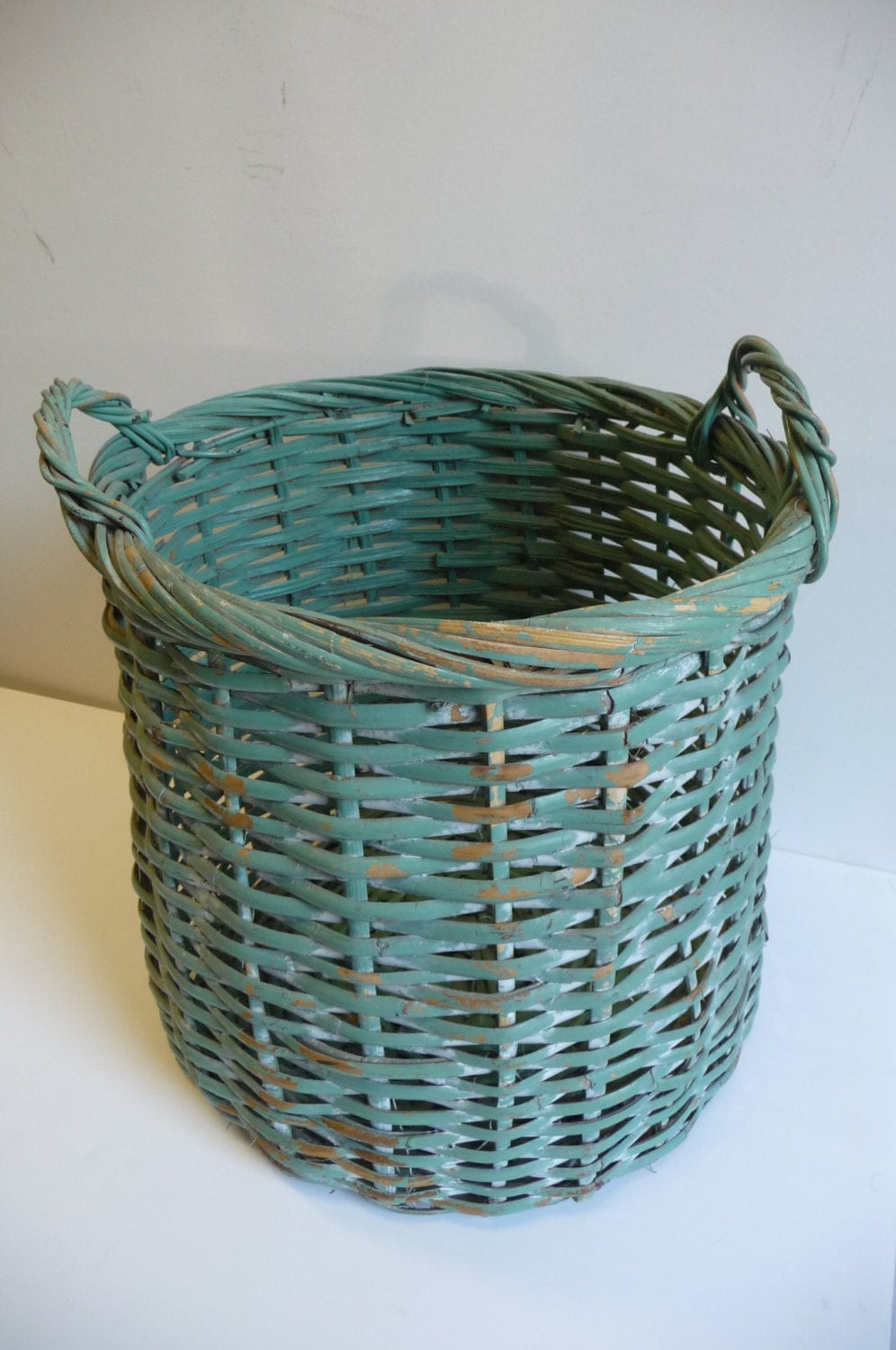 Vintage basket Large wicker wood with handles Sage green