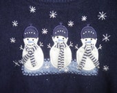 Ugly Christmas Sweater - Navy Blue with White Snowmen and Silver Snowflakes