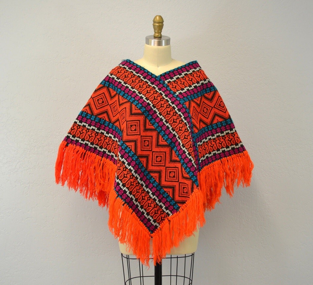 Vintage poncho / neon orange colorful / Mexican by IngridIceland